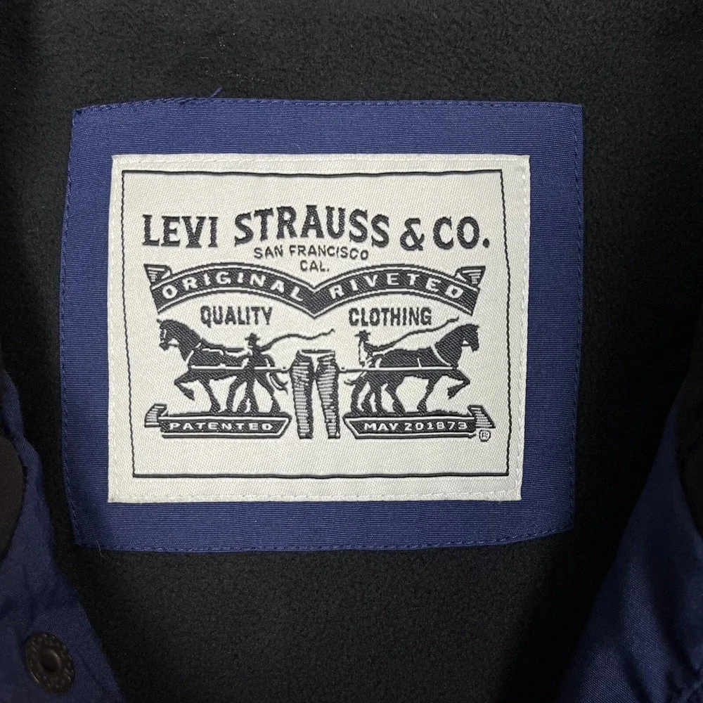 Levis Mens Hooded Jacket XXL Blue Black Fleece Lined Water Resistant Zip Pockets